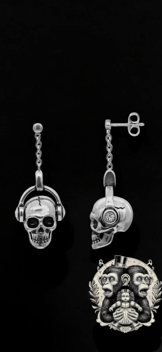 Skull with Headphone Pendant Earrings, Punk Rock, Witchy Halloween Gift Idea Oddity Jewelry Cosplay Dress Up Long Hanging