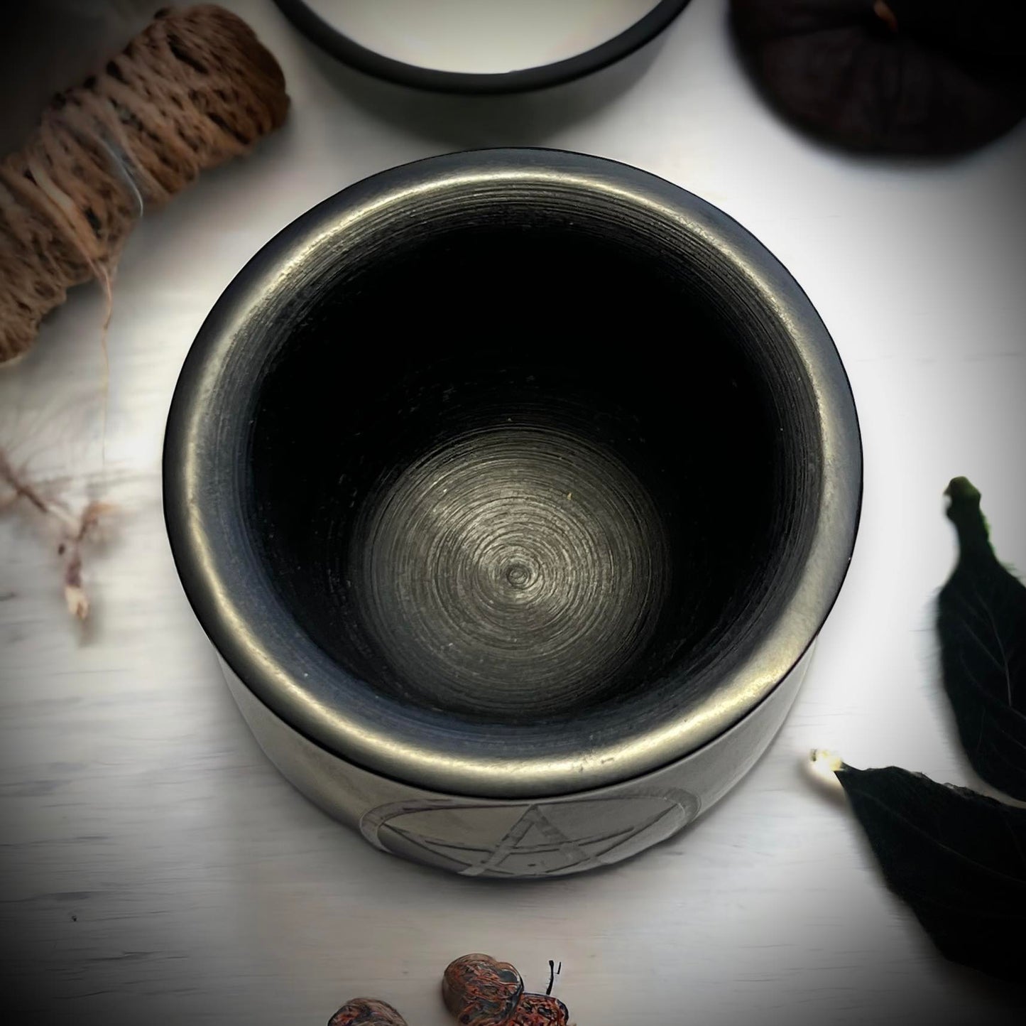 Soapstone 4" Mortar & Pestle Engraved Pentacle Black, Witch, Ritual Candle, Small Bulk Candles, Witchcraft Oddity Occult Unique Gift Idea