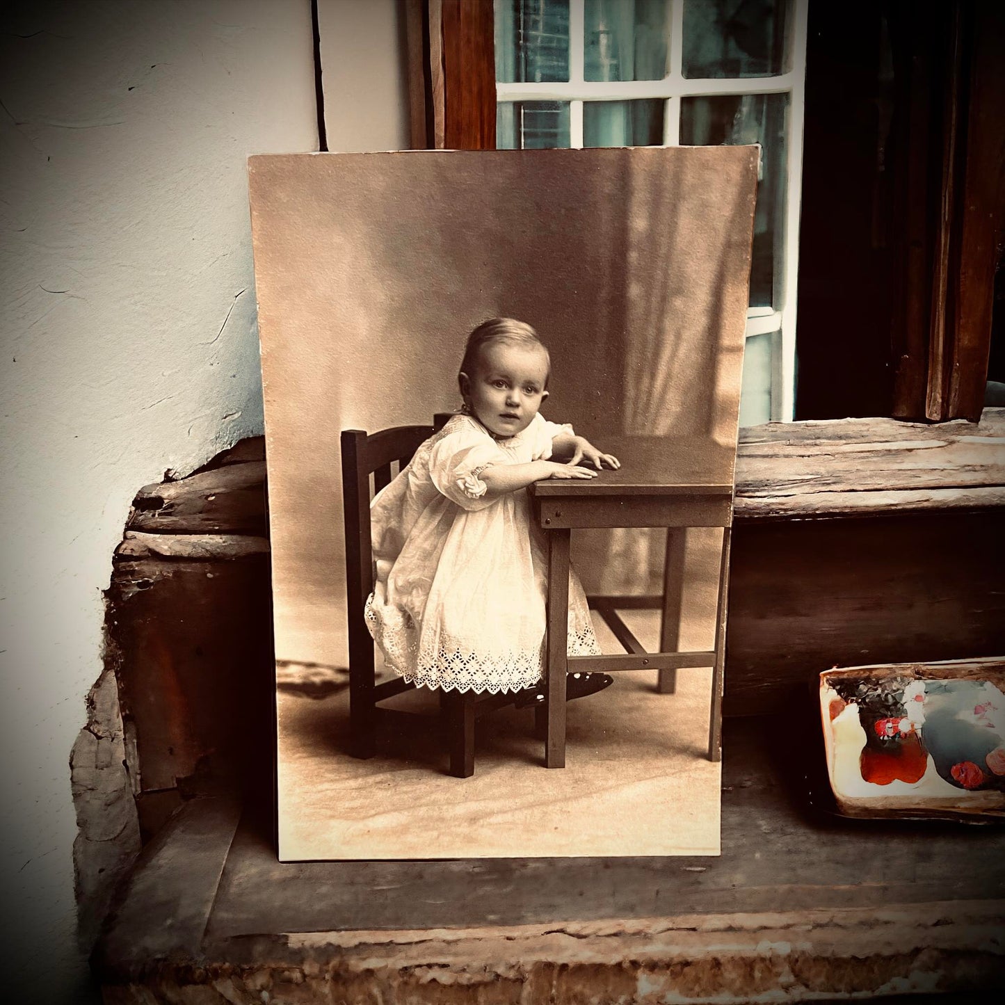 Original 6x4 Portrait of Little Girl Sitting At Table 1900's Vintage Antique Unique Gift Idea Rare Find Oddity