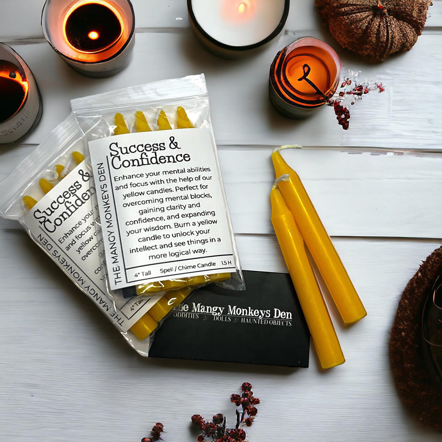 4 PK Success & Confidence Yellow Power Spell Candles 4" Chime Candles Witch Ritual Candle, Small Bulk Candles, Witchcraft Oddity Occult Gift