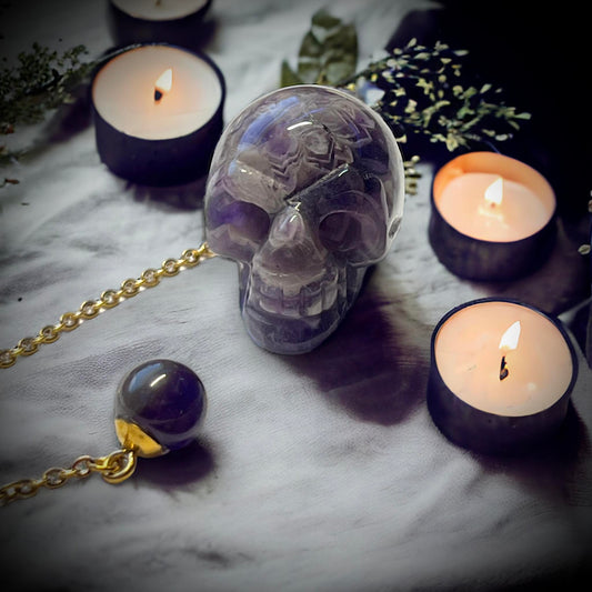 Gemstone Pendulum Skull Amethyst Curiosity, Oddity, Spells, Unique Gift Idea, Witchcraft, Rituals, Spirit Boards, Quartz