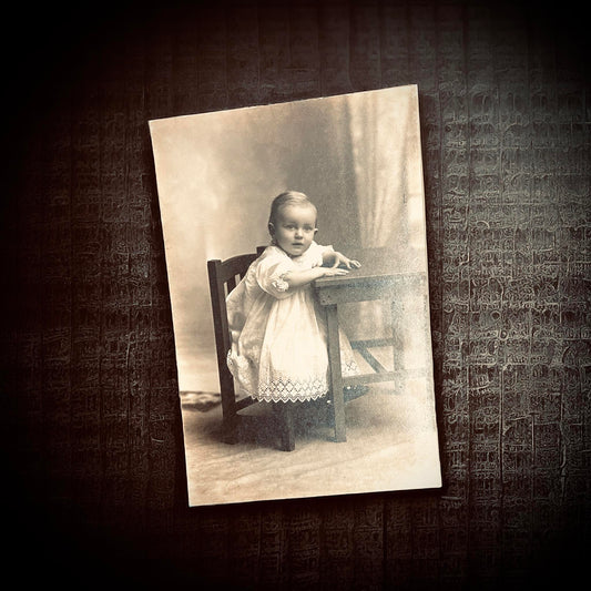 Original 6x4 Portrait of Little Girl Sitting At Table 1900's Vintage Antique Unique Gift Idea Rare Find Oddity