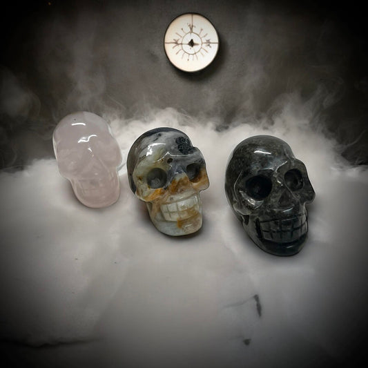 Set of 3 Skull Figurines Gemstone Curiosity, Oddity, Spells, Unique Gift Idea, Witchcraft, Rituals, Crystal Carved Decor Energy Meditation