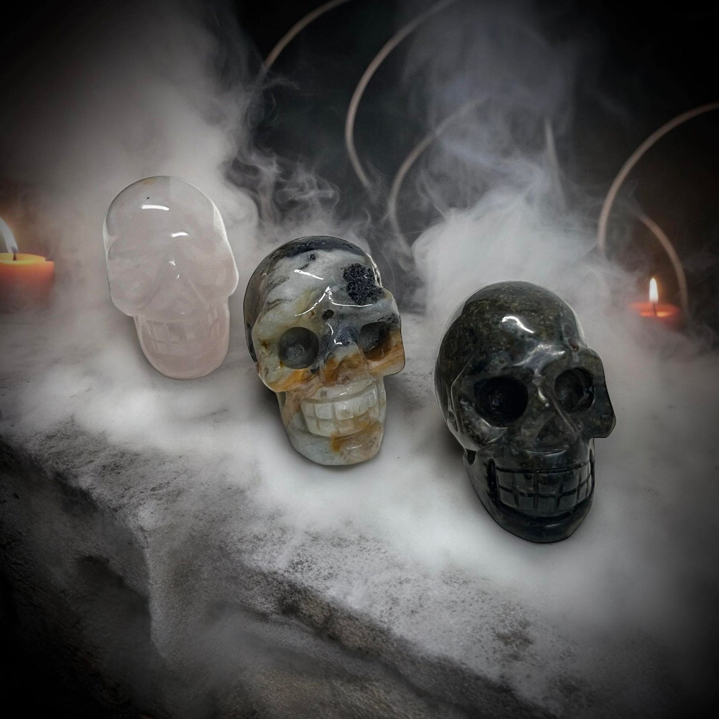 Set of 3 Skull Figurines Gemstone Curiosity, Oddity, Spells, Unique Gift Idea, Witchcraft, Rituals, Crystal Carved Decor Energy Meditation