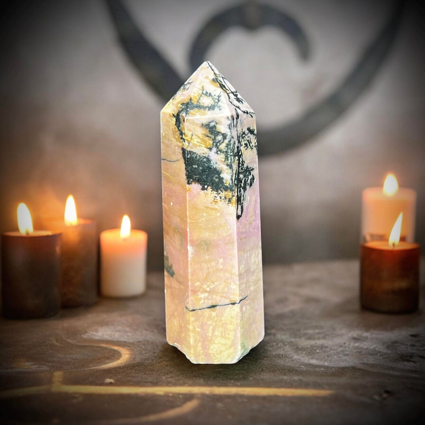 Rhodonite Obelisk Tower Crystal Point Oddity, Witchcraft, Rituals, Energy Meditation spiritual, meditation, metaphysical Love Compassion