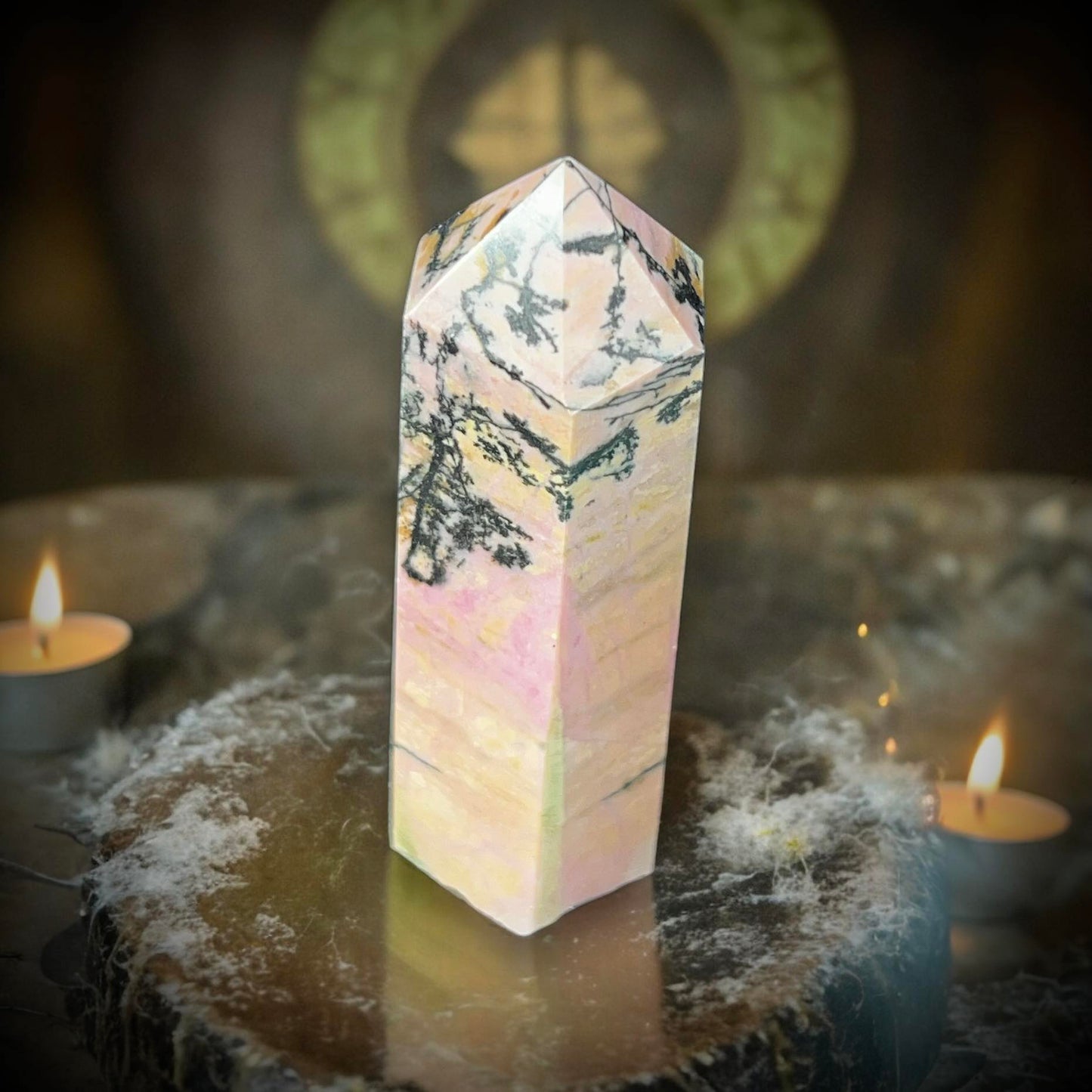 Rhodonite Obelisk Tower Crystal Point Oddity, Witchcraft, Rituals, Energy Meditation spiritual, meditation, metaphysical Love Compassion