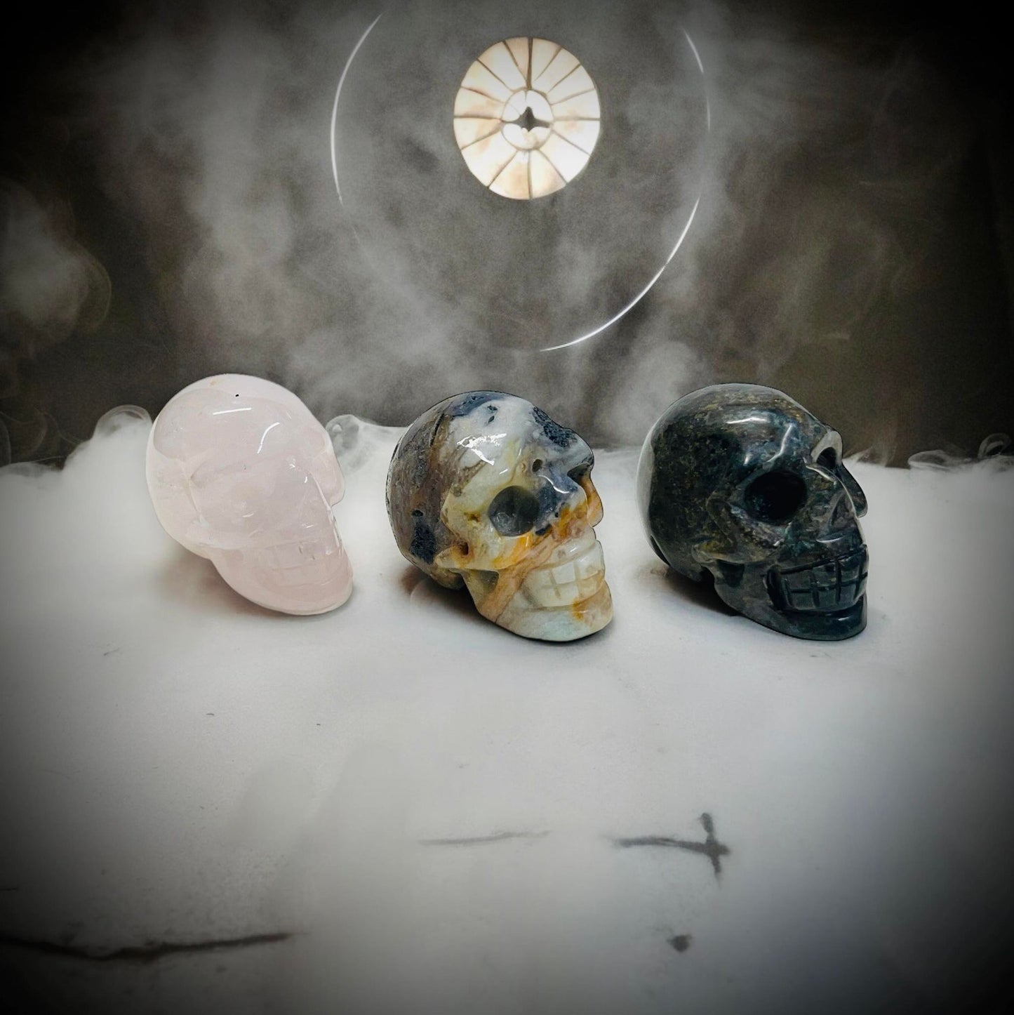 Set of 3 Skull Figurines Gemstone Curiosity, Oddity, Spells, Unique Gift Idea, Witchcraft, Rituals, Crystal Carved Decor Energy Meditation