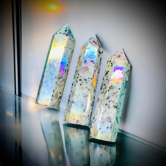 Rainbow Aura Kiwi Jasper Obelisk Tower Crystal Point Oddity, Witchcraft, Rituals, Energy Meditation spiritual, meditation, metaphysical