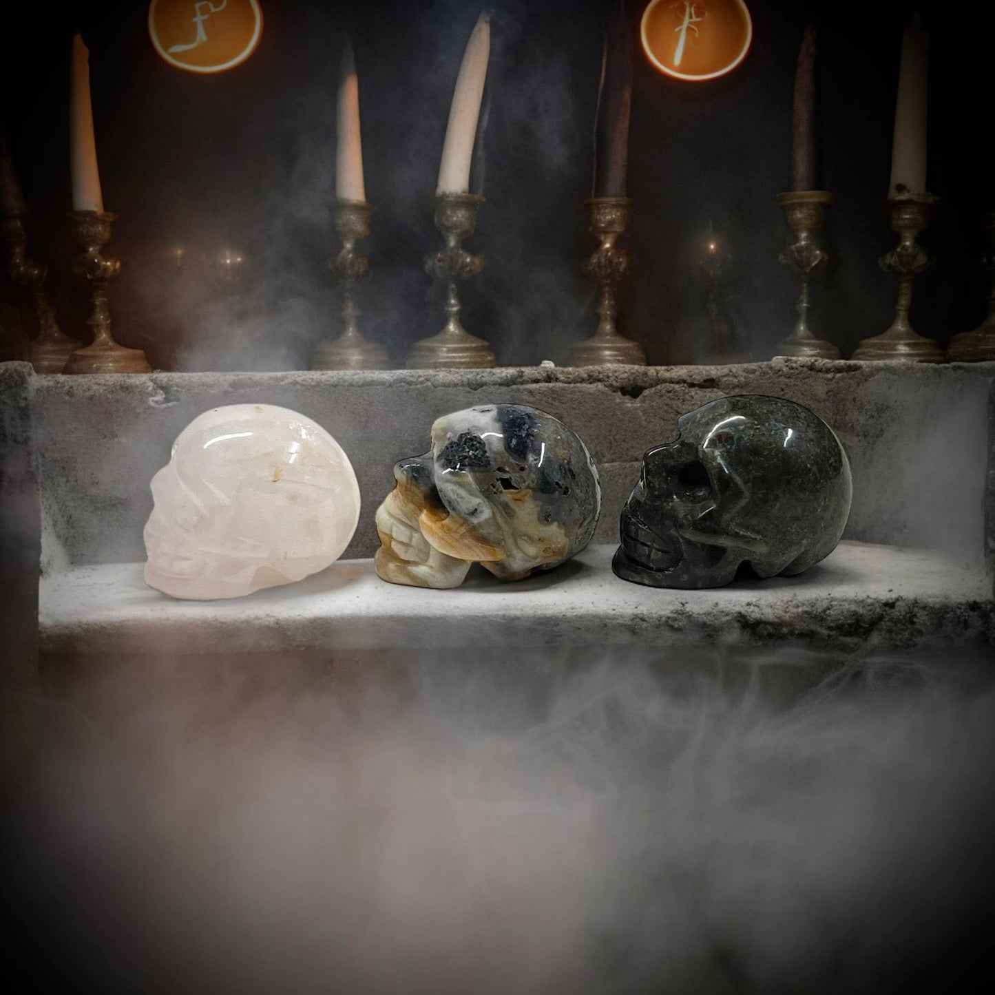 Set of 3 Skull Figurines Gemstone Curiosity, Oddity, Spells, Unique Gift Idea, Witchcraft, Rituals, Crystal Carved Decor Energy Meditation