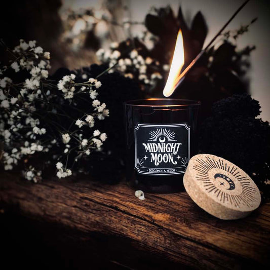 Midnight Moon Bergamot & Neroli Gothic Candle Paraffin Wax Cork Stopper Witch Oddity Halloween Altar Occult Gift Idea Glass Jar Wick Candle