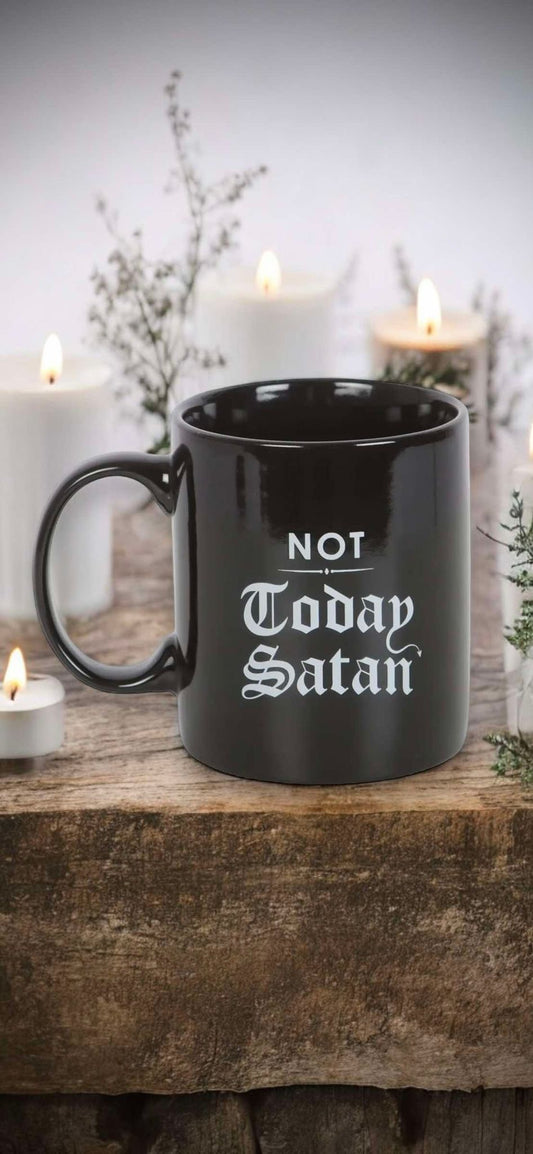 Not Today Satan 12oz Coffee Mug Ceramic Black Oddities Gift Idea Halloween Decor Witch Occult Spooky Mystic Paranormal Cup Fall Decor