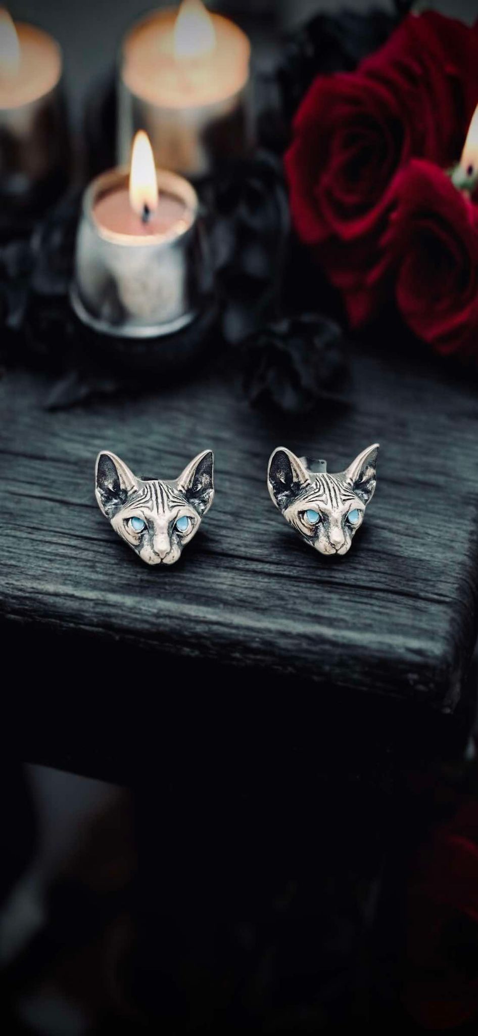 Cat's Head Post Earrings Blue Eyes Stud Sterling Silver Post Halloween Gift Ideas Rock Style Oddity Edgy Alternative Emo Costume Witch