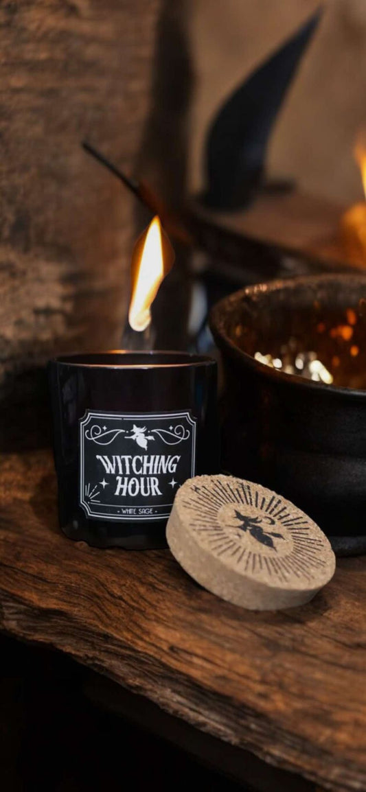 Witching Hour White Sage Gothic Candle Paraffin Wax Cork Stopper Witch Oddity Halloween Altar Occult Gift Idea Glass Jar Wick Candle