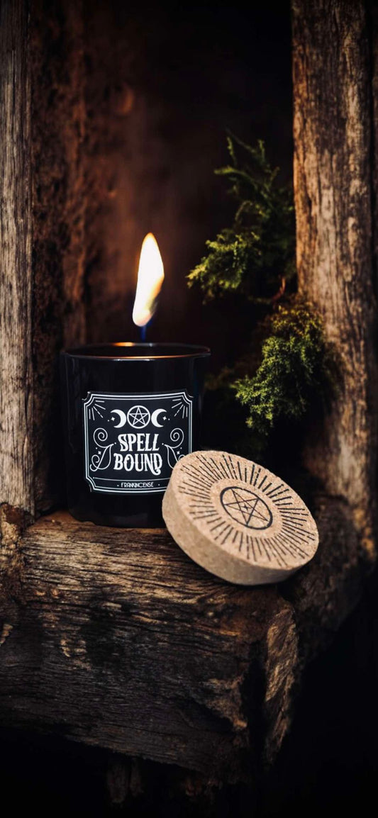 Spell Bound Frankincense Gothic Candle Paraffin Wax Cork Stopper Witch Oddity Halloween Altar Occult Gift Idea Glass Jar Wick Candle