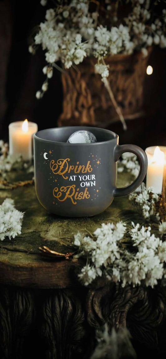 Drink At Your Own Risk 12oz Oversized Teacup Shaped Coffee Mug Ceramic Oddities Gift Idea Halloween Fall Occult Spooky Mystic Paranormal