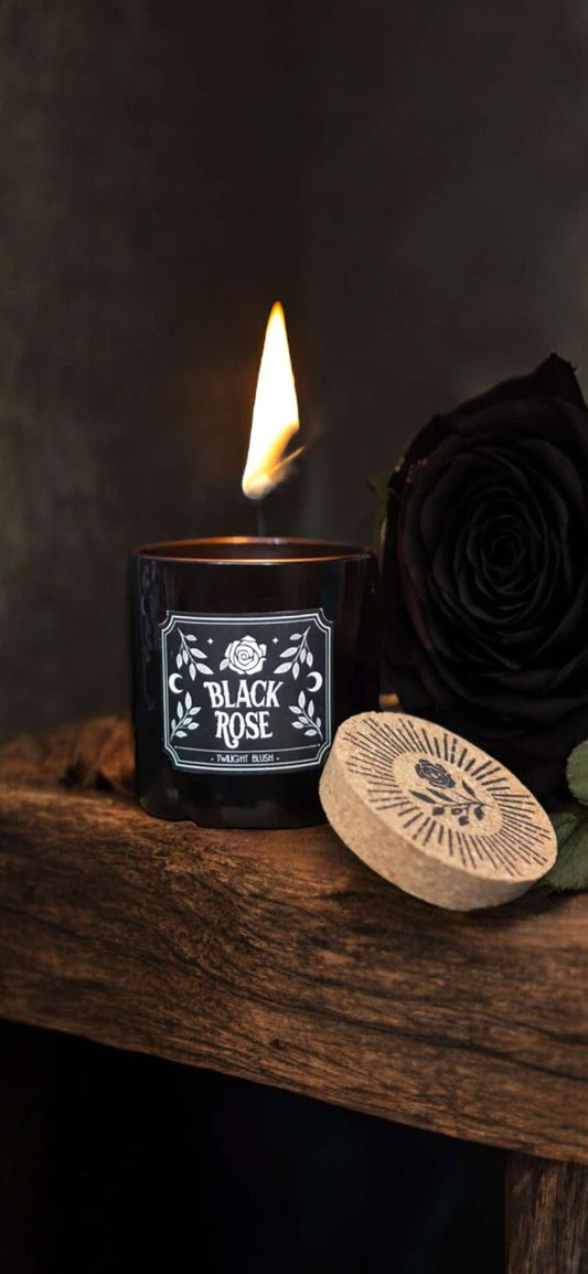 Black Rose Twilight Blush Gothic Candle Paraffin Wax Cork Stopper Witch Oddity Halloween Altar Occult Gift Idea Glass Jar Wick Candle