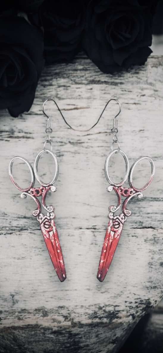 Bloody Scissors Dangle Earrings, Punk Hanging, Gothic Witchy Halloween Gifts Oddity Jewelry Gift Idea Horror Movie Inspired Costume Terror