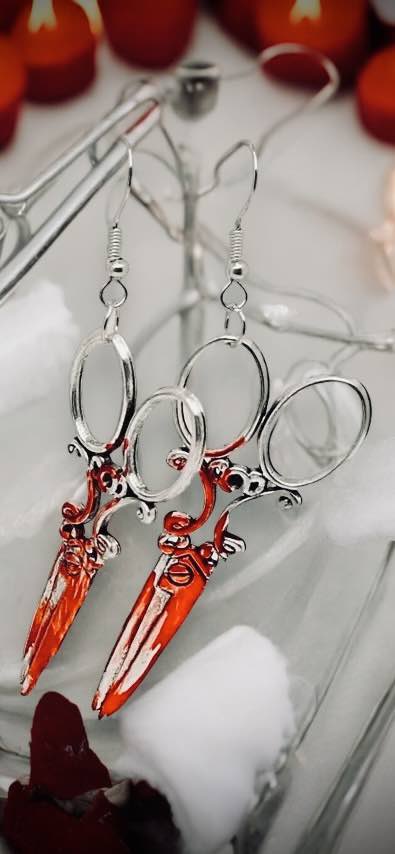 Bloody Scissors Dangle Earrings, Punk Hanging, Gothic Witchy Halloween Gifts Oddity Jewelry Gift Idea Horror Movie Inspired Costume Terror