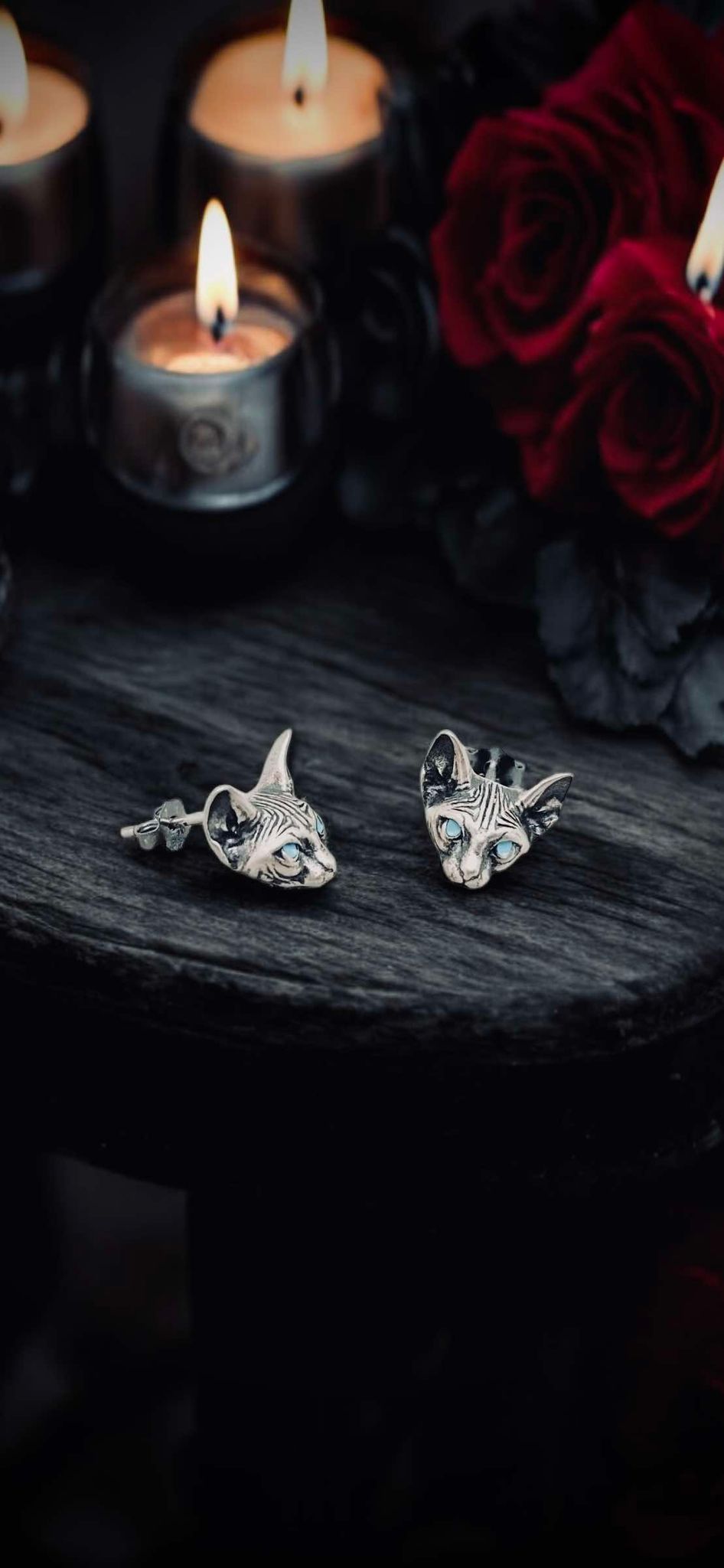 Cat's Head Post Earrings Blue Eyes Stud Sterling Silver Post Halloween Gift Ideas Rock Style Oddity Edgy Alternative Emo Costume Witch