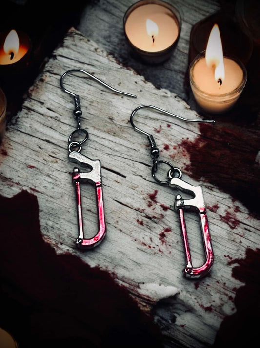 Bloody Hack Saw Dangle Earrings, Punk Hanging, Gothic Witchy Halloween Gifts Oddity Jewelry Gift Idea Horror Movie Inspired Costume Terror