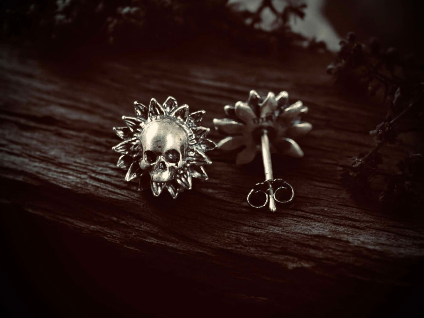 Skull Sunflowers Flower Fall Stud Silver Post Halloween Gift Ideas Rock Style Oddity Edgy Alternative Emo Costume Witch