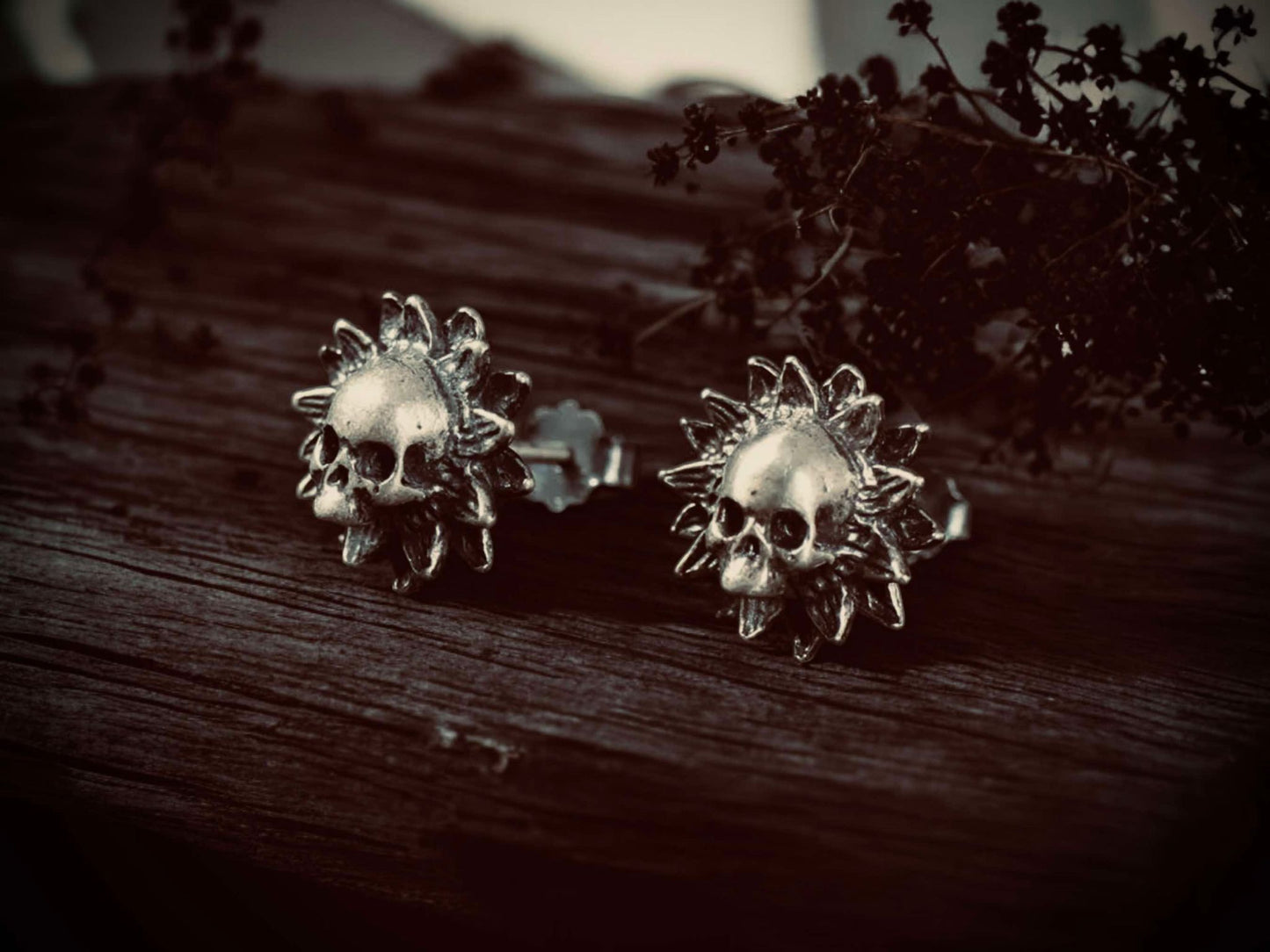 Skull Sunflowers Flower Fall Stud Silver Post Halloween Gift Ideas Rock Style Oddity Edgy Alternative Emo Costume Witch