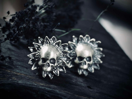 Skull Sunflowers Flower Fall Stud Silver Post Halloween Gift Ideas Rock Style Oddity Edgy Alternative Emo Costume Witch