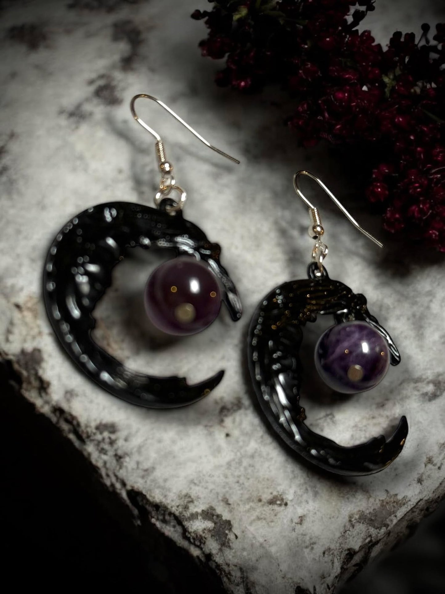 Gothic Black Crescent Purple Jewel Dangle Earrings, Punk Rock, Witchy Halloween Gift Idea Oddity Jewelry Cosplay Dress Up Metaphysical