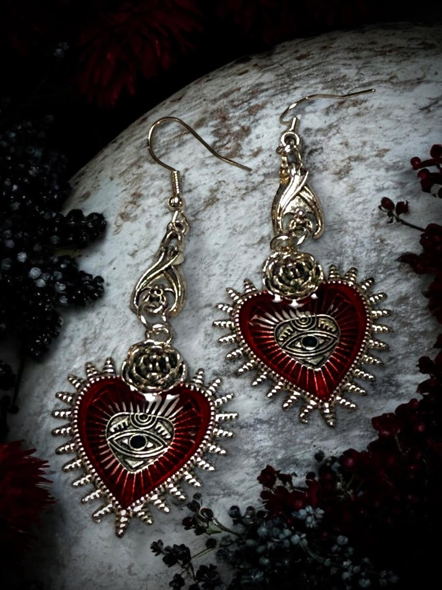 Gothic Red Heart Shaped Rose Bat Silver Dangle Earrings, Punk Rock, Witchy Halloween Gift Idea Oddity Jewelry Cosplay Dress Up Long Hanging