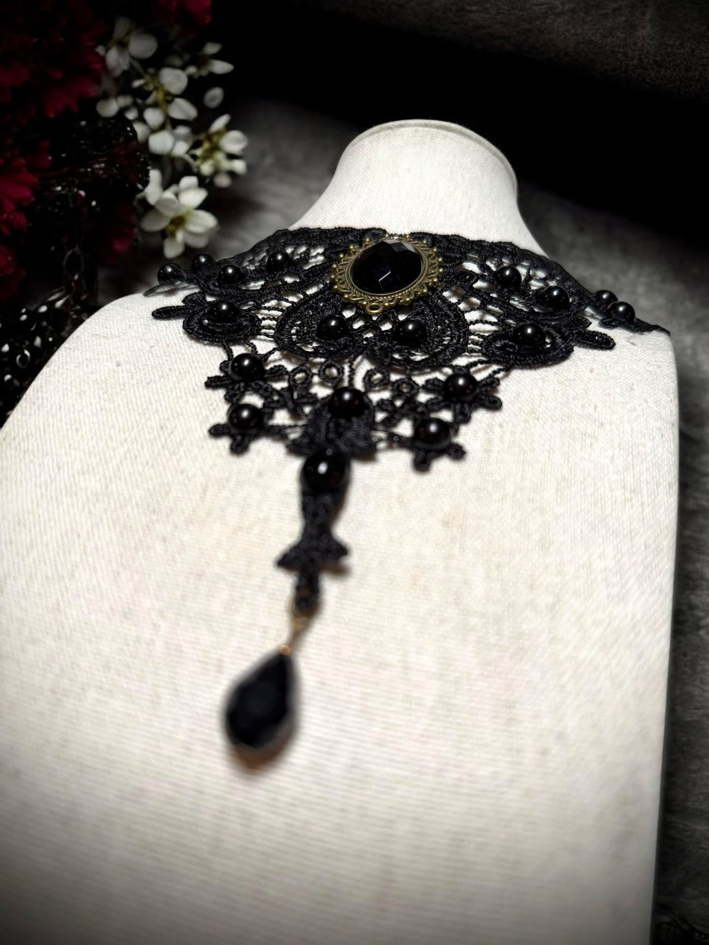 Gothic Lace Beaded Jeweled Choker Necklace Black Gift Idea Oddity Jewelry Gothic Halloween Costume Woman Fantasy Vampire Dress Up Punk #517