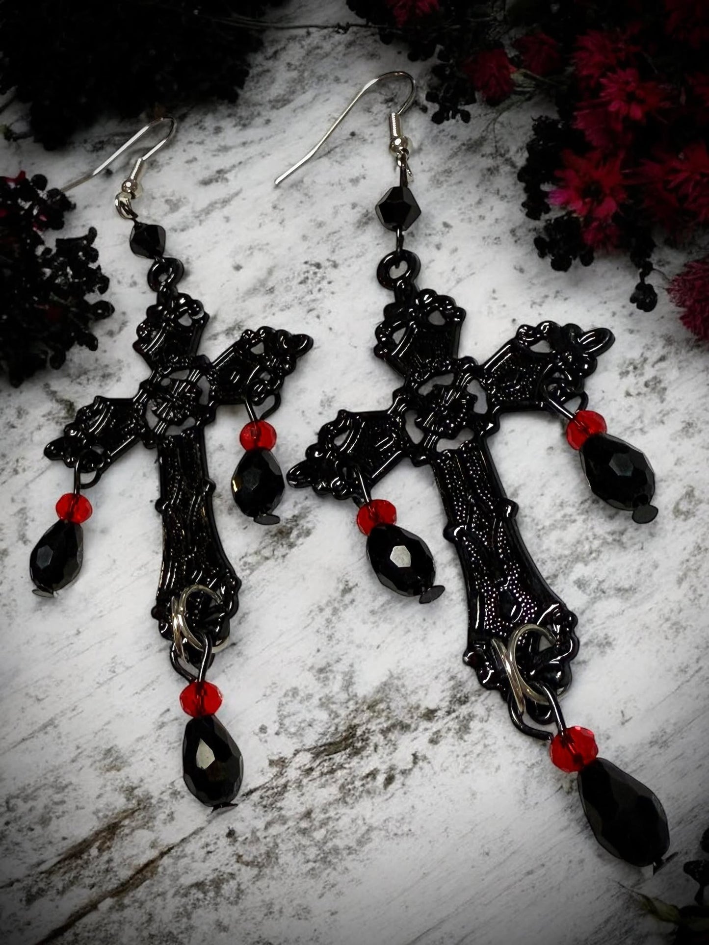 Gothic Black Cross Red Jeweled Earrings Dangle Earrings, Punk Rock, Witchy Halloween Gift Idea Oddity Jewelry Cosplay Dress Up #619