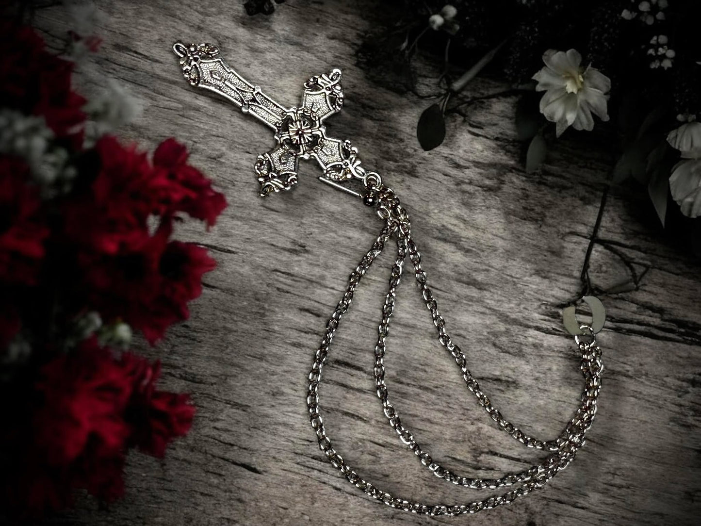 Silver Gothic Cross Earring with Dangling Chain Clip Cuff Punk Rock Steam Punk Religious Oddities Oddity Cosplay Dress Up Wiccan Vampire