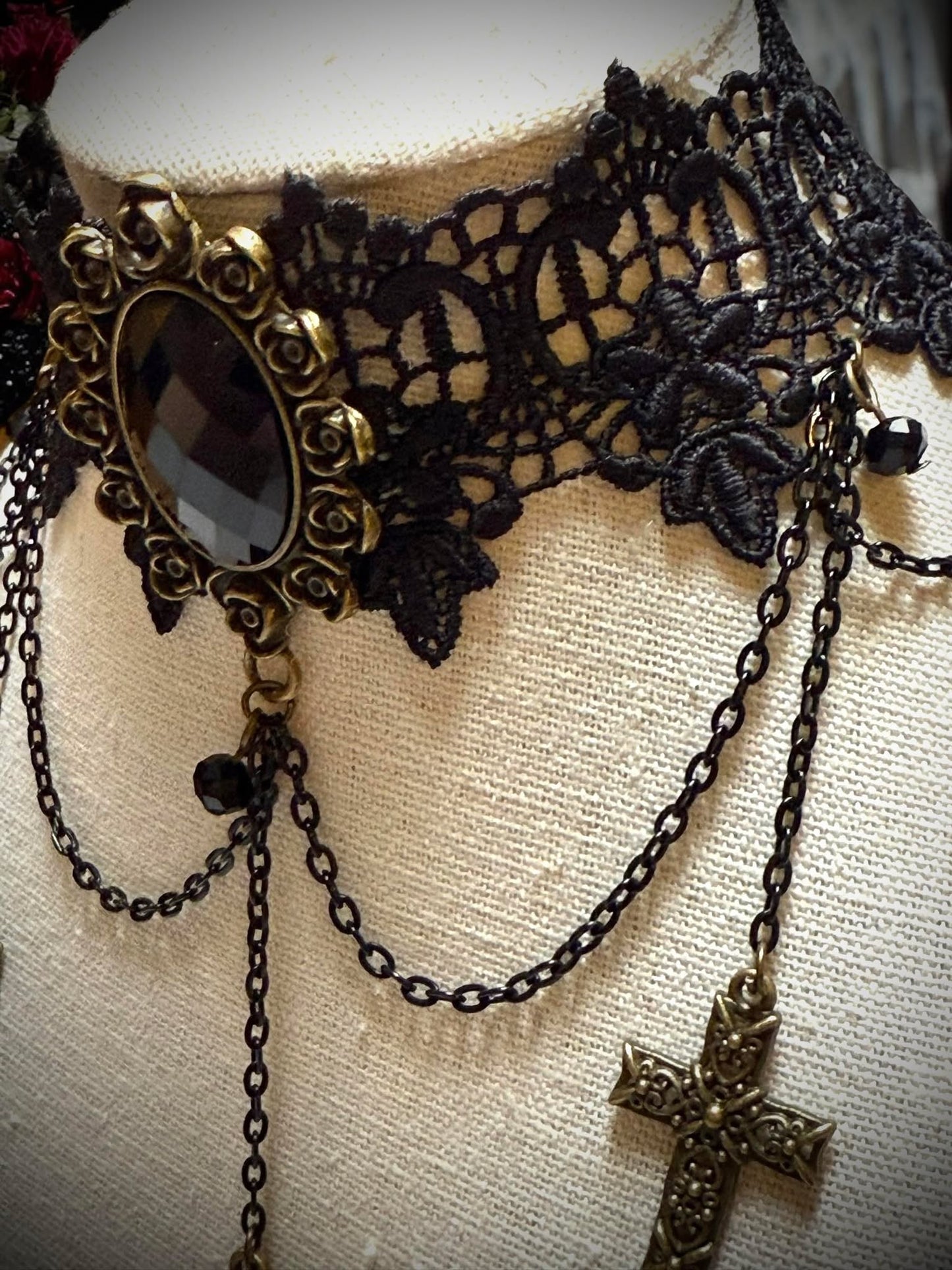 Gothic Retro Crosses Rhinestone Lace Choker Necklace Black Gift Idea Oddity Jewelry Gothic Costume Woman Fantasy Vampire Dress Up Punk #232