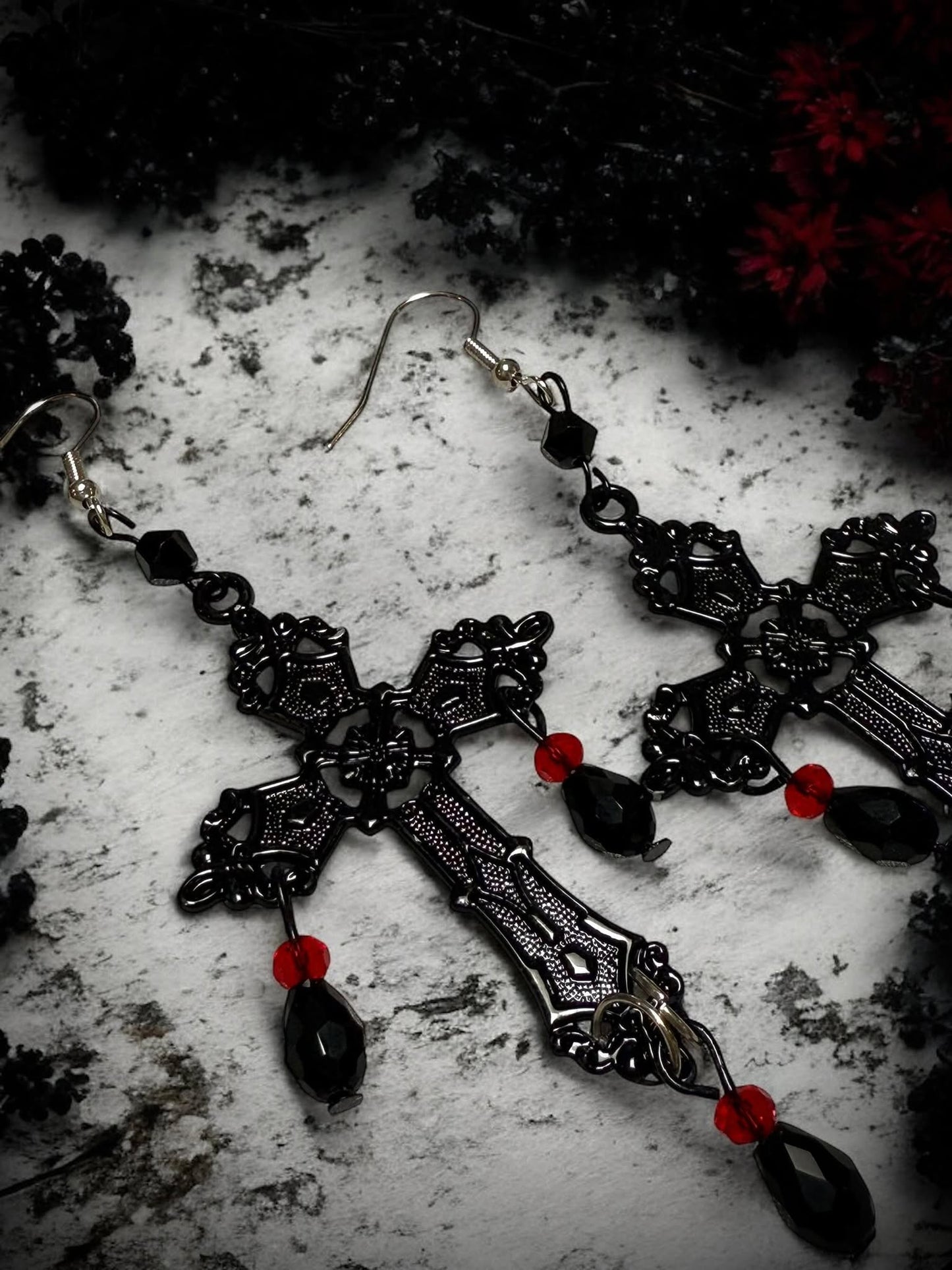 Gothic Black Cross Red Jeweled Earrings Dangle Earrings, Punk Rock, Witchy Halloween Gift Idea Oddity Jewelry Cosplay Dress Up #619