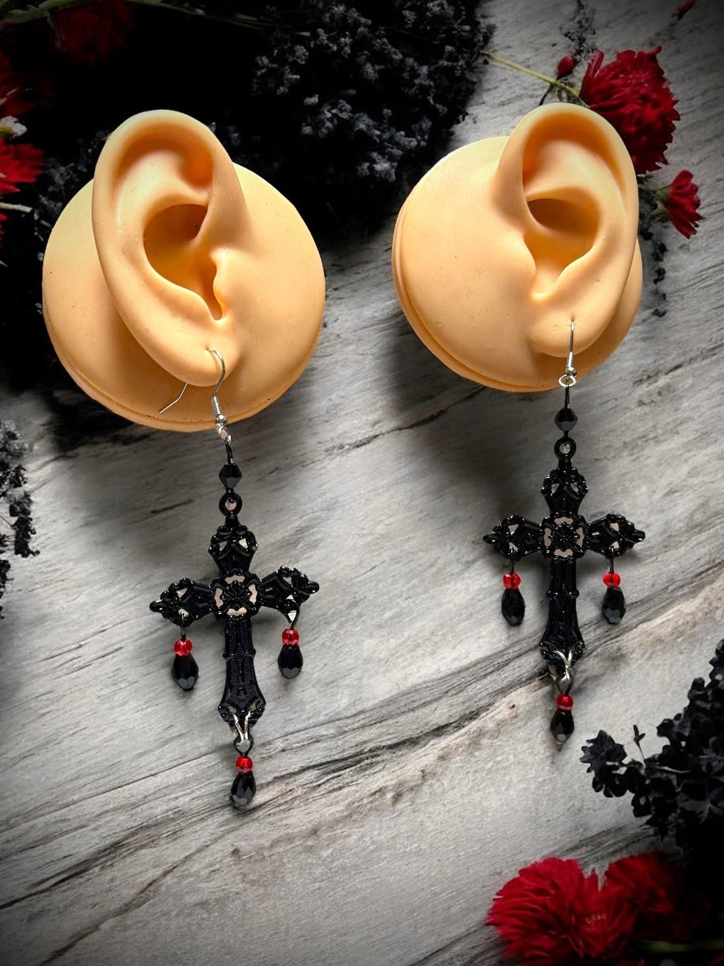 Gothic Black Cross Red Jeweled Earrings Dangle Earrings, Punk Rock, Witchy Halloween Gift Idea Oddity Jewelry Cosplay Dress Up #619