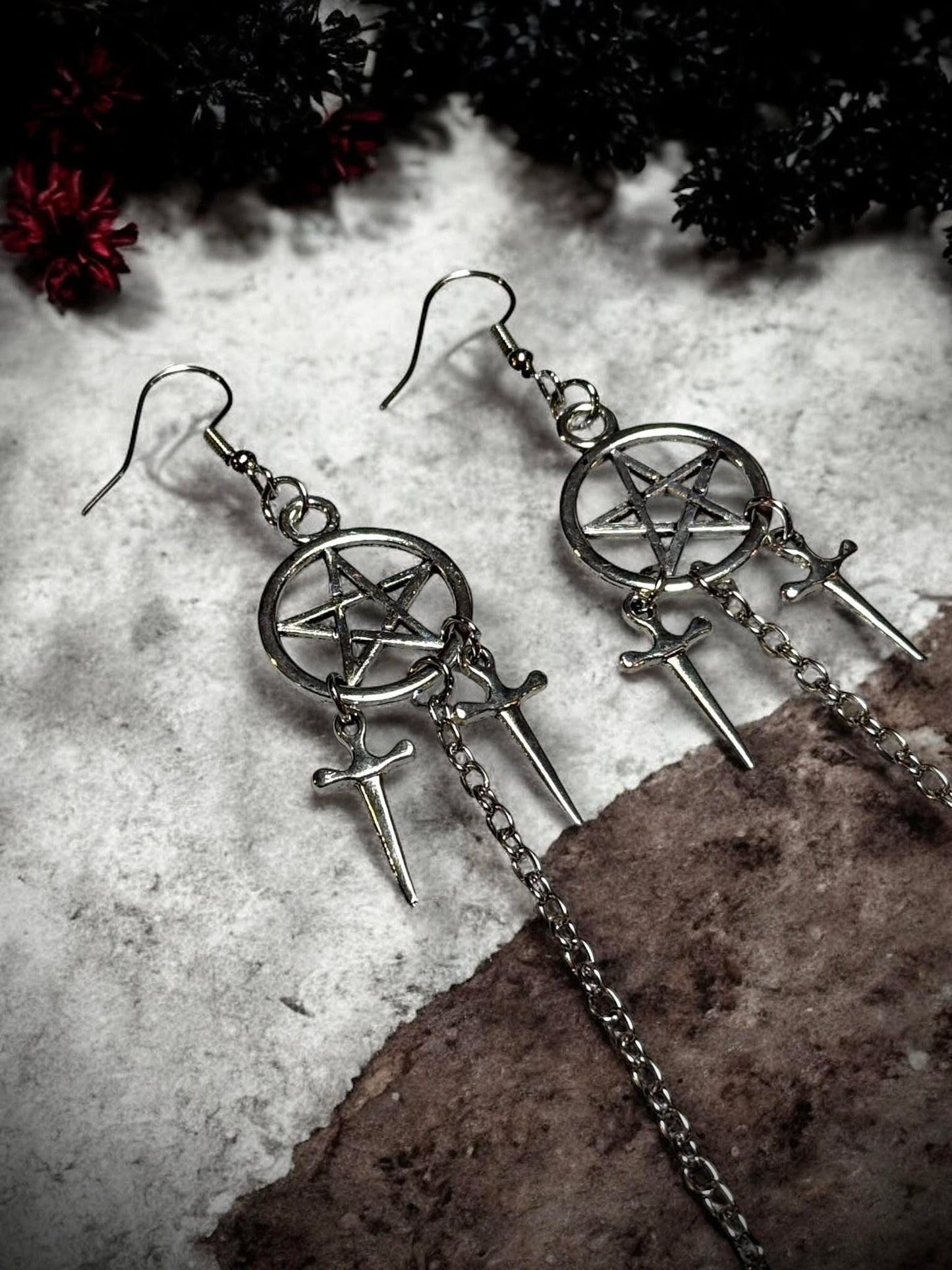 Gothic Five-Pointed Star Dagger Earrings Dangle Earrings, Punk Rock, Witchy Halloween Gift Idea Oddity Jewelry Cosplay Dress Up Long Hanging