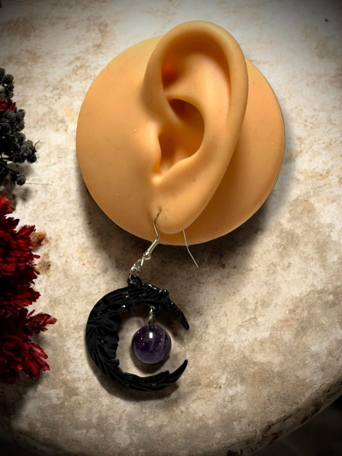 Gothic Black Crescent Purple Jewel Dangle Earrings, Punk Rock, Witchy Halloween Gift Idea Oddity Jewelry Cosplay Dress Up Metaphysical