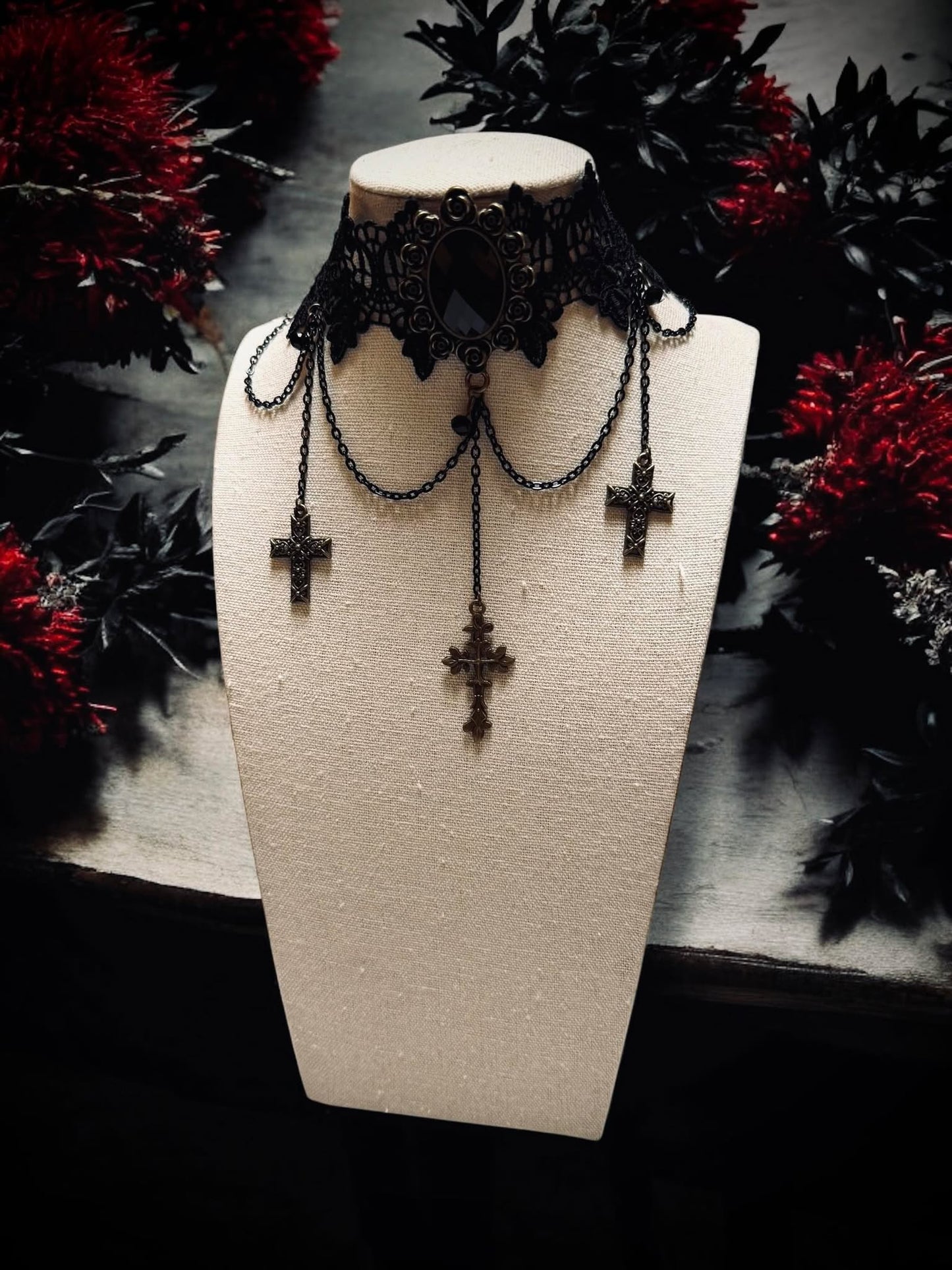 Gothic Retro Crosses Rhinestone Lace Choker Necklace Black Gift Idea Oddity Jewelry Gothic Costume Woman Fantasy Vampire Dress Up Punk #232