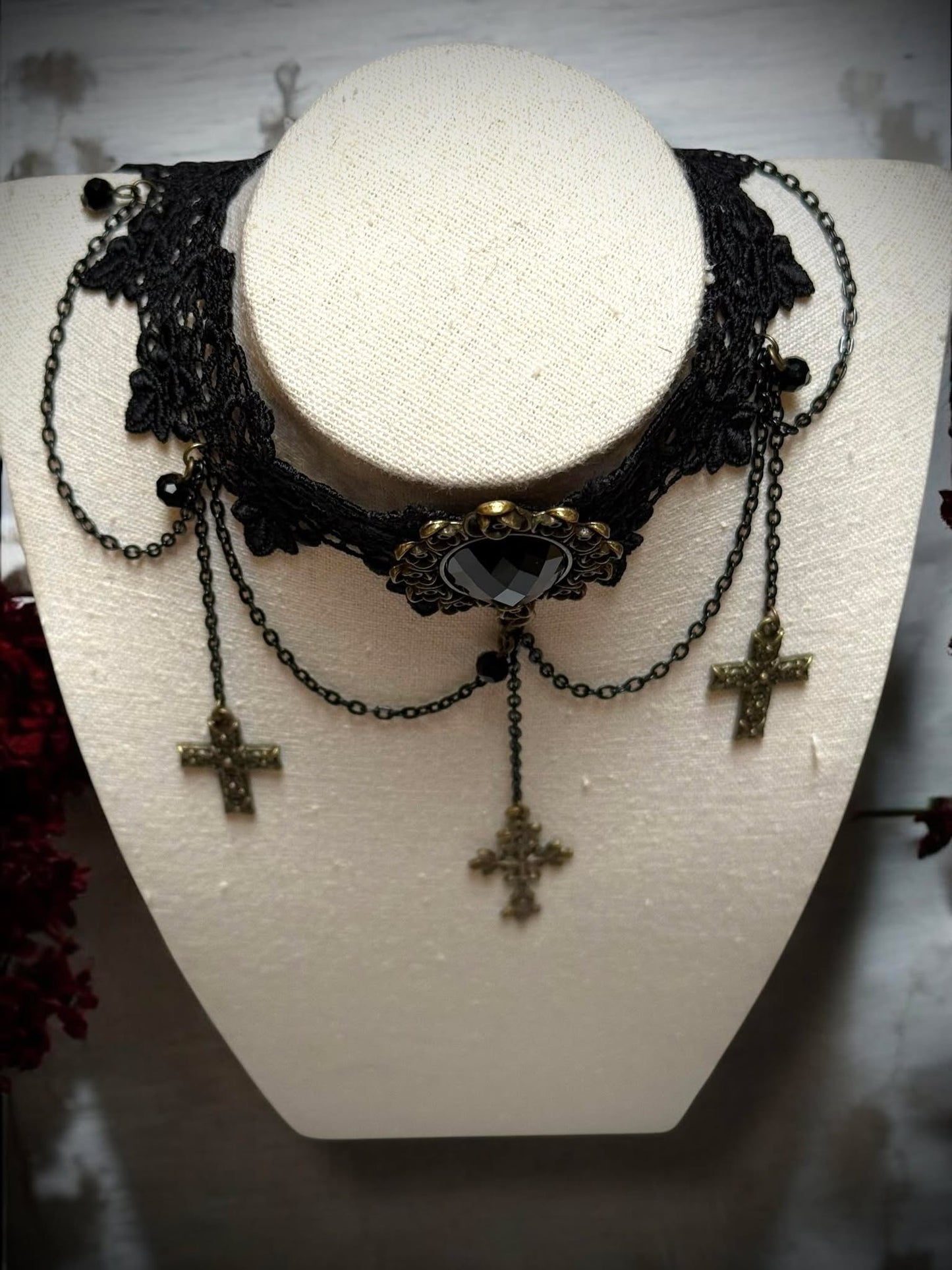 Gothic Retro Crosses Rhinestone Lace Choker Necklace Black Gift Idea Oddity Jewelry Gothic Costume Woman Fantasy Vampire Dress Up Punk #232