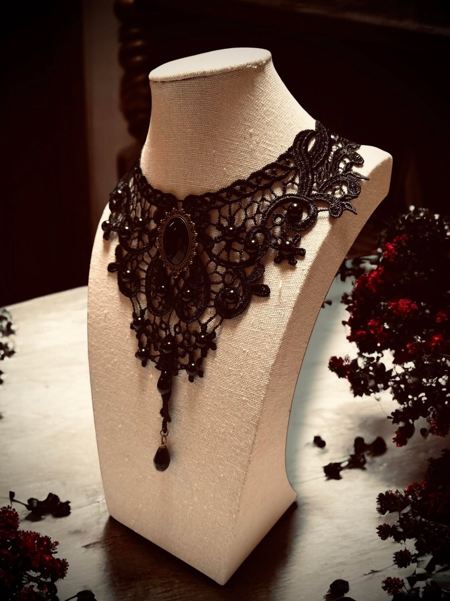 Gothic Lace Beaded Jeweled Choker Necklace Black Gift Idea Oddity Jewelry Gothic Halloween Costume Woman Fantasy Vampire Dress Up Punk #517