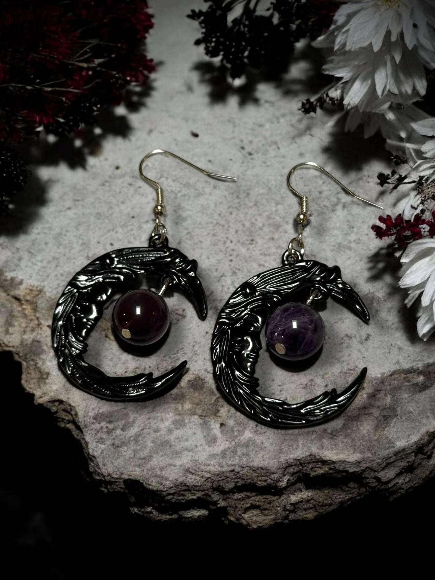 Gothic Black Crescent Purple Jewel Dangle Earrings, Punk Rock, Witchy Halloween Gift Idea Oddity Jewelry Cosplay Dress Up Metaphysical