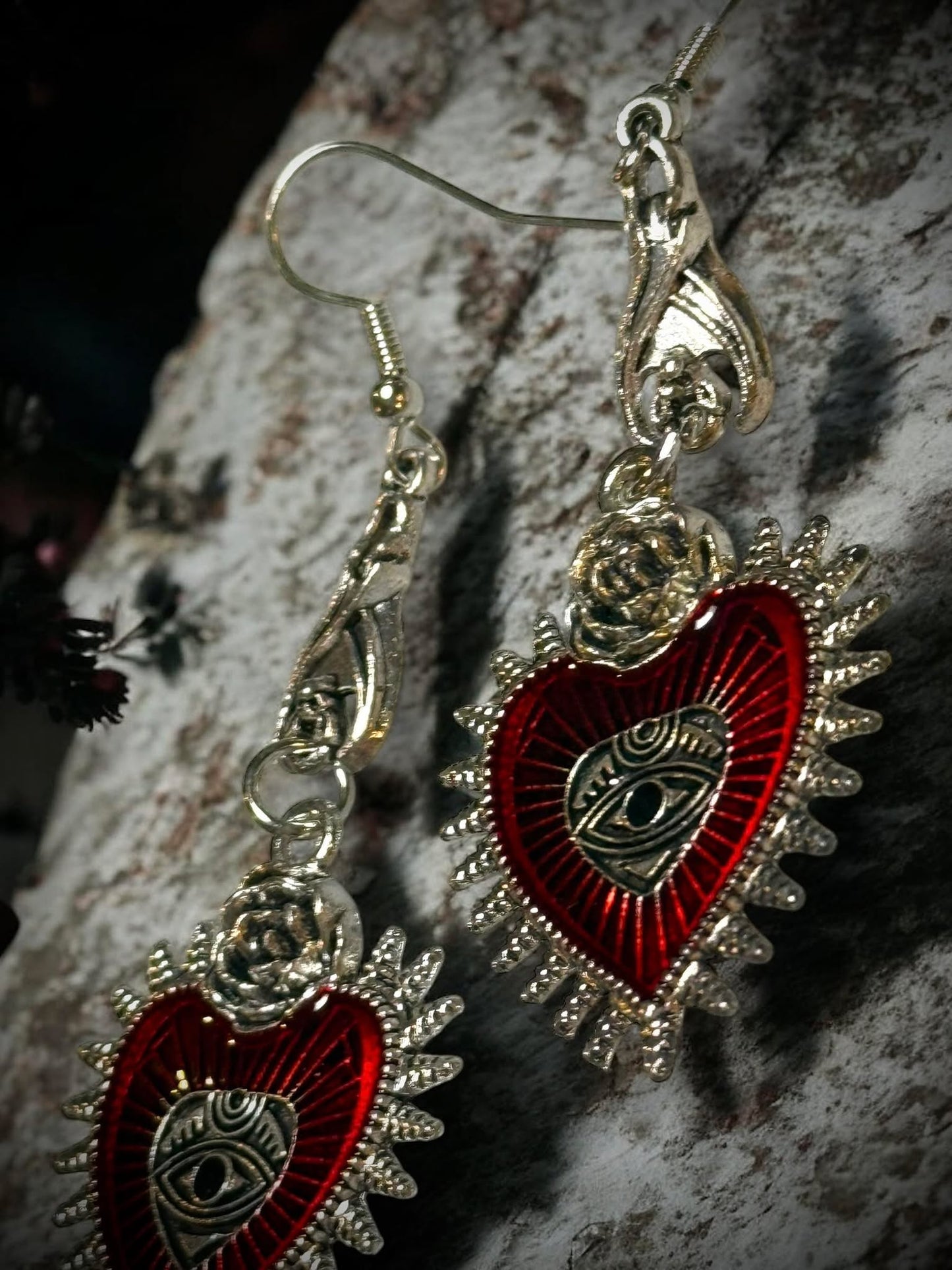 Gothic Red Heart Shaped Rose Bat Silver Dangle Earrings, Punk Rock, Witchy Halloween Gift Idea Oddity Jewelry Cosplay Dress Up Long Hanging