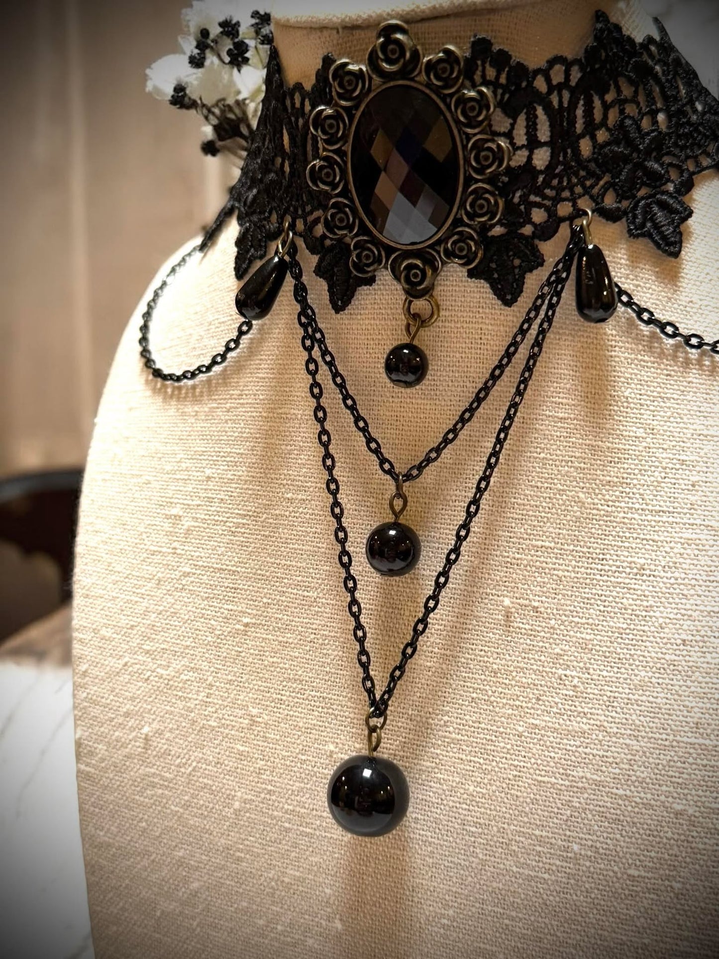 Gothic Retro Beaded Chains Choker Necklace Black Gift Idea Oddity Jewelry Gothic Halloween Costume Woman Fantasy Vampire Dress Up Punk