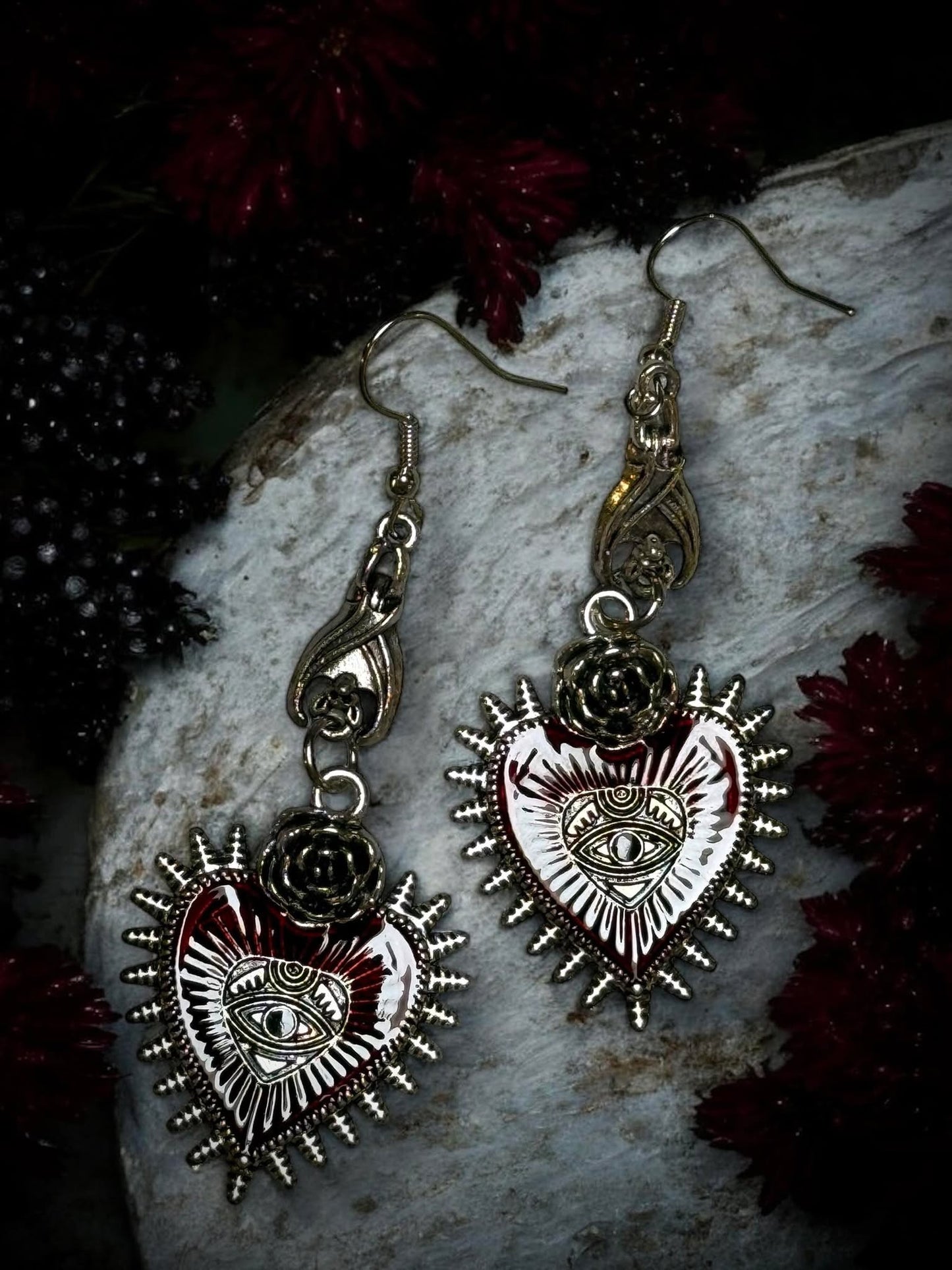 Gothic Red Heart Shaped Rose Bat Silver Dangle Earrings, Punk Rock, Witchy Halloween Gift Idea Oddity Jewelry Cosplay Dress Up Long Hanging