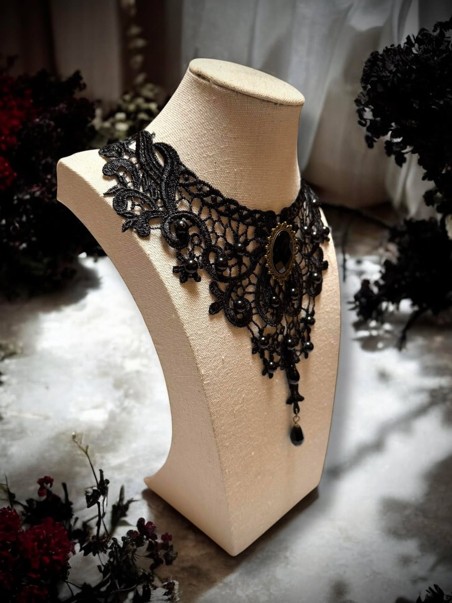 Gothic Lace Beaded Jeweled Choker Necklace Black Gift Idea Oddity Jewelry Gothic Halloween Costume Woman Fantasy Vampire Dress Up Punk #517