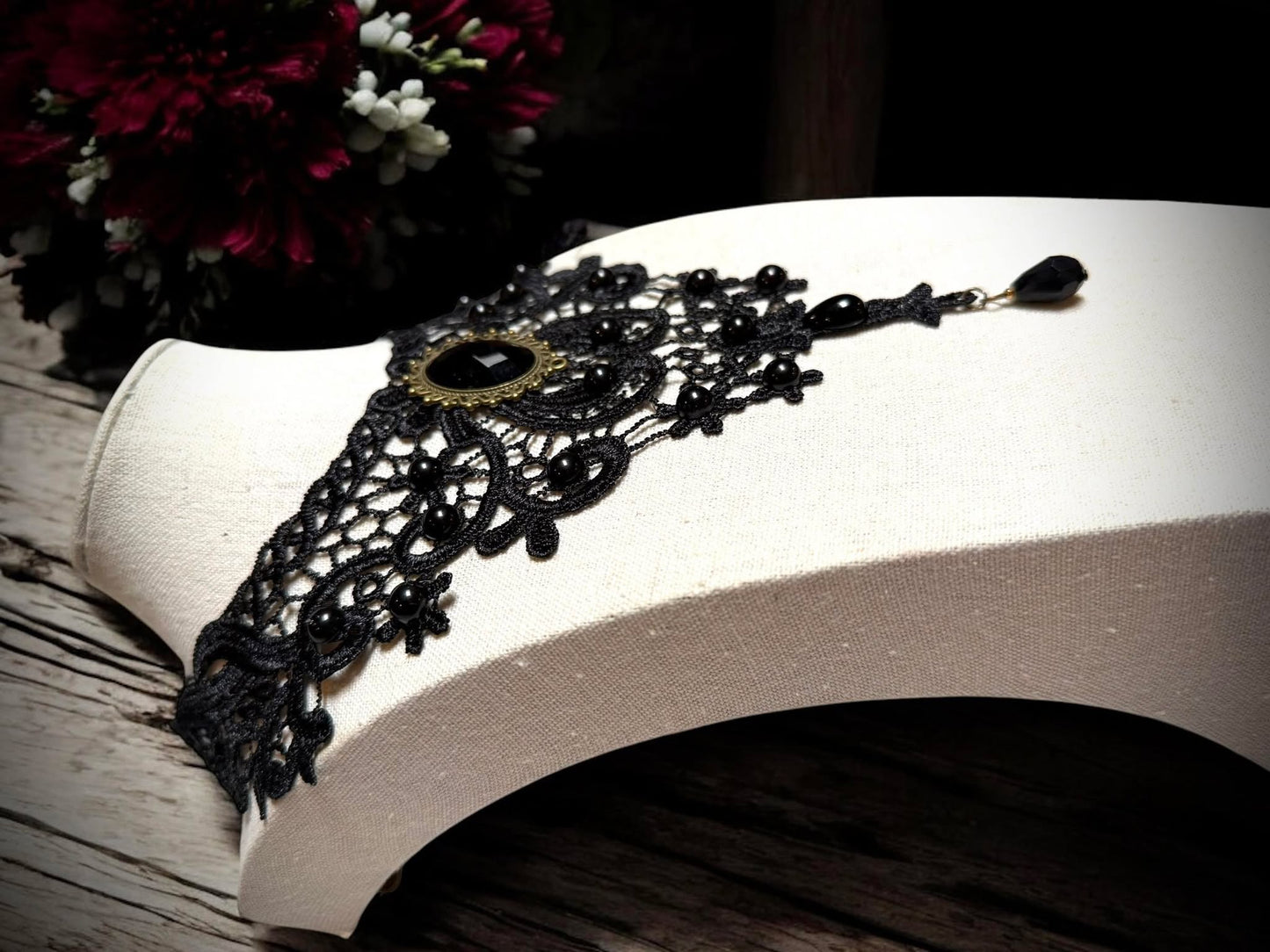 Gothic Lace Beaded Jeweled Choker Necklace Black Gift Idea Oddity Jewelry Gothic Halloween Costume Woman Fantasy Vampire Dress Up Punk #517