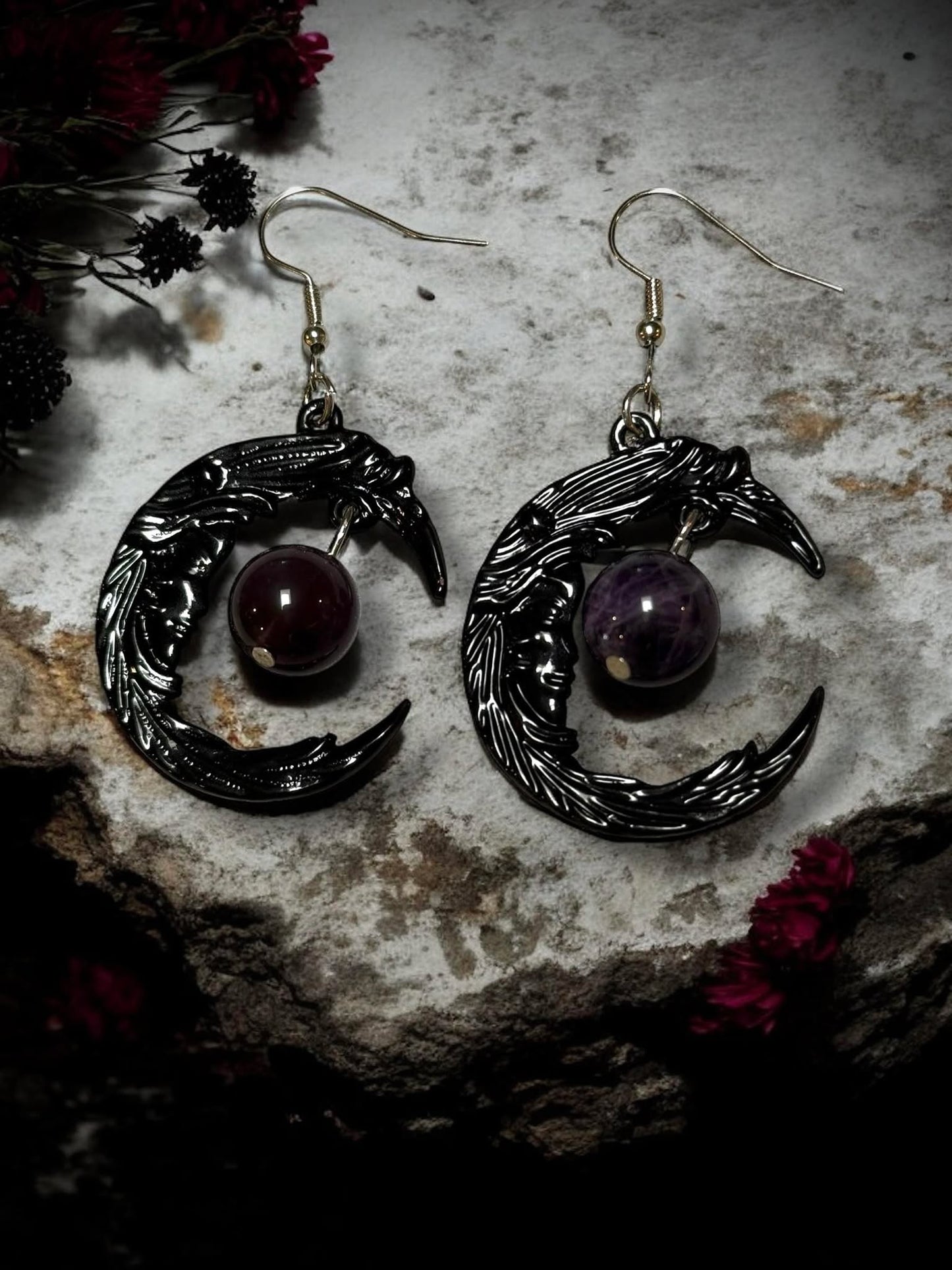 Gothic Black Crescent Purple Jewel Dangle Earrings, Punk Rock, Witchy Halloween Gift Idea Oddity Jewelry Cosplay Dress Up Metaphysical