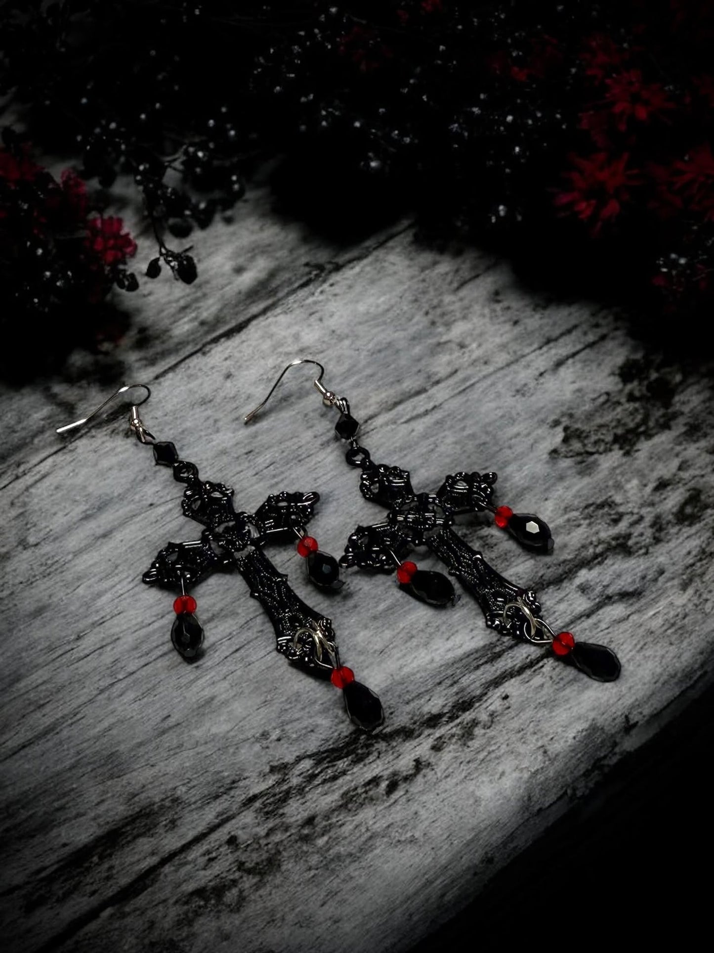 Gothic Black Cross Red Jeweled Earrings Dangle Earrings, Punk Rock, Witchy Halloween Gift Idea Oddity Jewelry Cosplay Dress Up #619