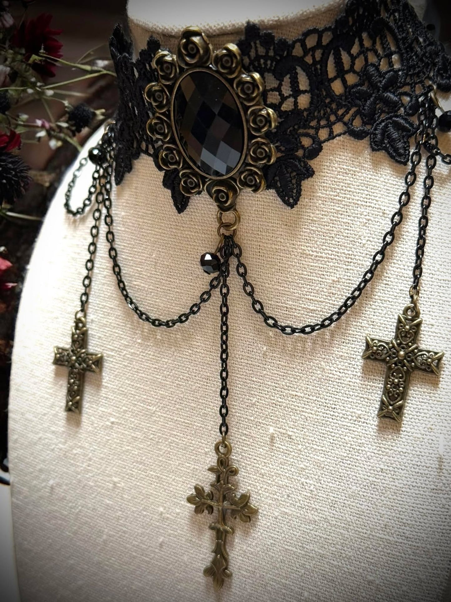 Gothic Retro Crosses Rhinestone Lace Choker Necklace Black Gift Idea Oddity Jewelry Gothic Costume Woman Fantasy Vampire Dress Up Punk #232