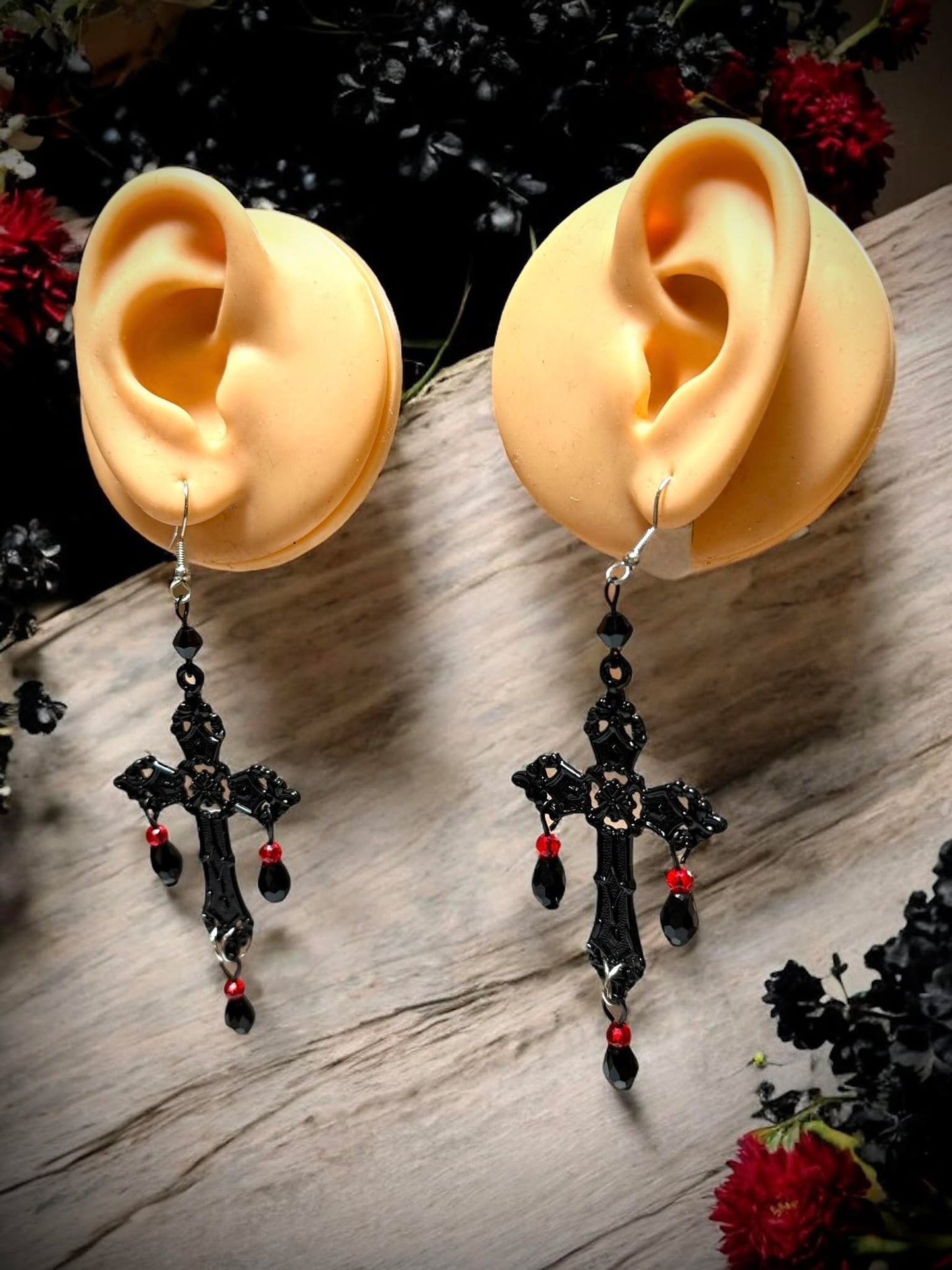 Gothic Black Cross Red Jeweled Earrings Dangle Earrings, Punk Rock, Witchy Halloween Gift Idea Oddity Jewelry Cosplay Dress Up #619